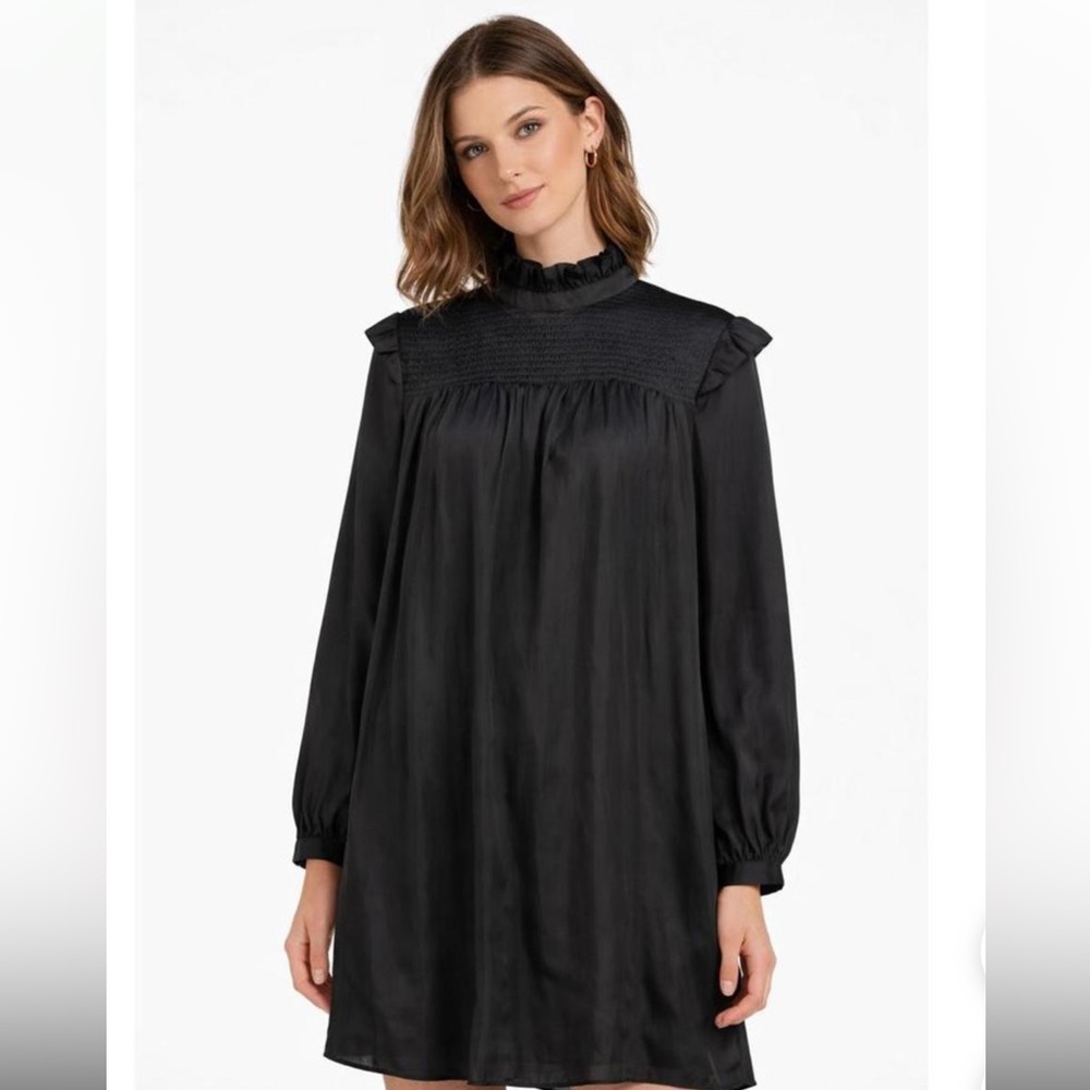 The Kooples Black Smocked High Neck Mini Dress Long Sleeve US Small NWT